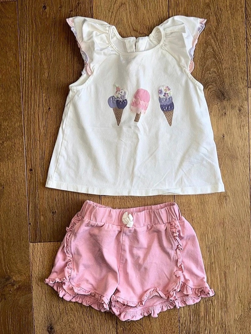 Isaac Mizrahi Girls 3T 2 Piece Outfit Set White Top Pink Ruffle Shorts Ice Cream